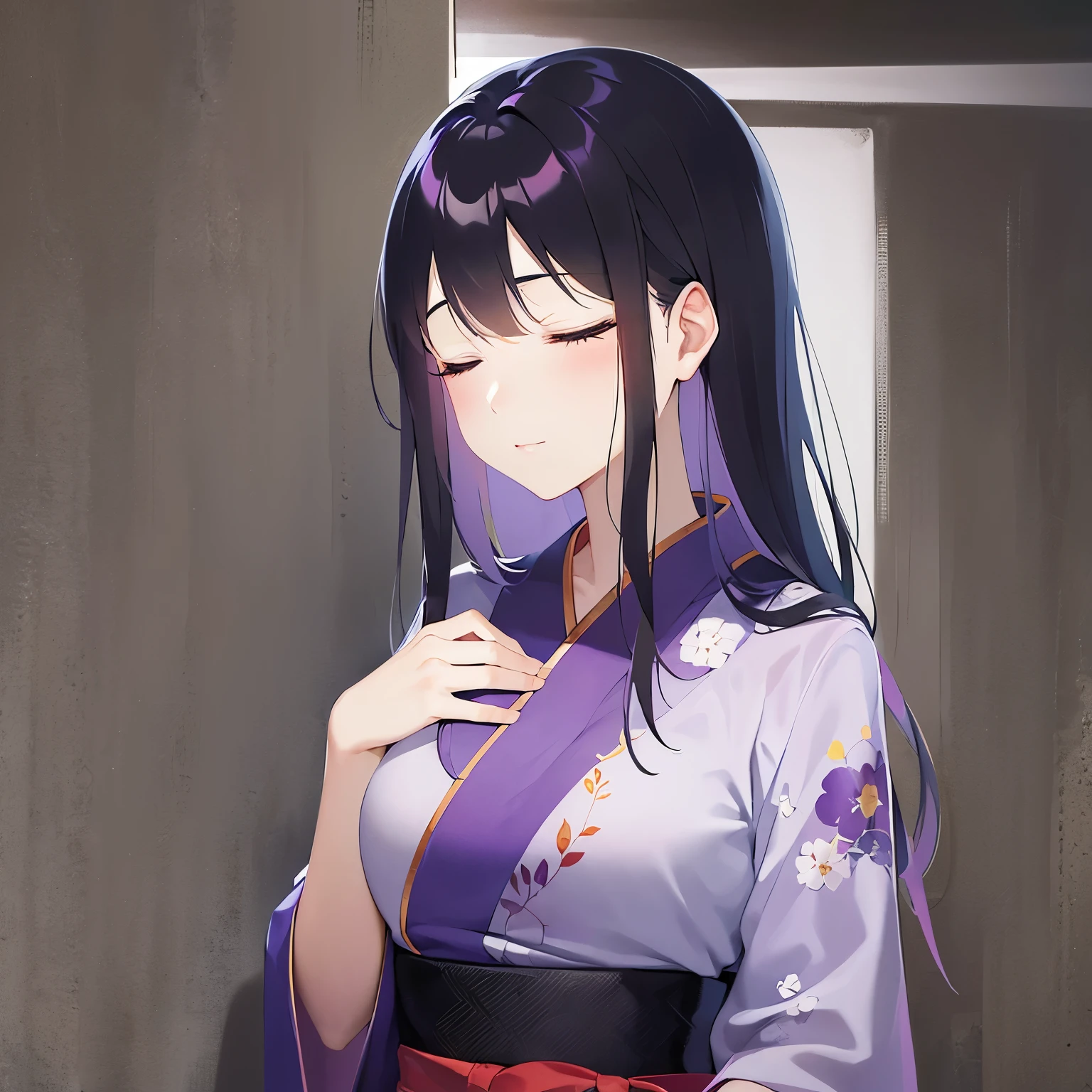 (closed eyes:1.5),side ungle,Upper Body,(Placing a hand on wall:1.5)、
Realistic, real person, (pale skin: 1.2), RAW photo, photorealistic, shiny skin, shiny hair、
(A 25-year-old woman with straight hair and bangs) and (medium hair) and (black hair) , (Purple yukata),bitter、背景はnightの日本の旅館の廊下,night,indoor