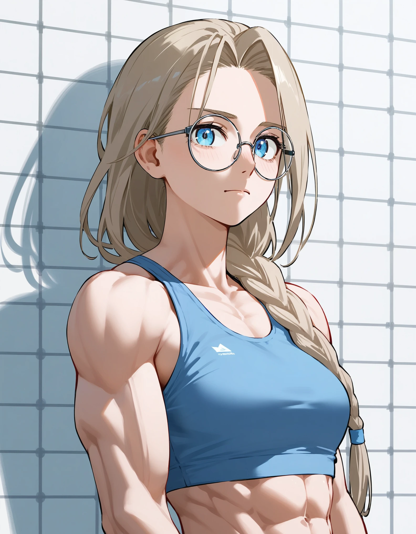 Image is a portrait-style photograph featuring a young woman with a muscular build. She has fair skin, long light brown hair styled in a single braid over her right shoulder, and is wearing round, thin-framed glasses. Her facial expression is neutral, and she has blue eyes. She is dressed in a light grey sports bra that highlights her defined arm and abdominal muscles. The background consists of a tiled wall with a mix of light green and white tiles, arranged in a grid pattern.anime anatomicamente correto, super detalhado, alta qualidade, 4K, anatomicamente correto, altos detalhes, superdetalhado, 4K
