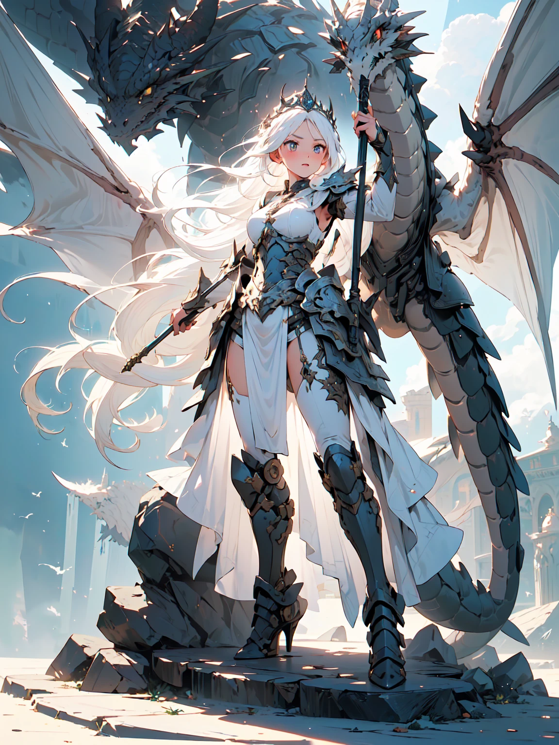 (((masterpiece, best quality, 8k)))Design a layout showcase Fantasy character, (1girl), ((mounted on a dragon)). Beautiful armor, wielding a spear, long white hair, wearing a tiara. ((detailed dragon:1.4)), white dragon, full of intricate details. (masterpiece:1.3), (best quality), 4k, ultra-detailed. (Dynamic pose, heroic stance:1.5), (dramatic lighting, atmospheric lighting). warrior, ((tiara:1.2)), (((long white hair:1.4))), spear, (((full_body_shot:1.5))). In a mystical landscape, high in the sky, with clouds and sunlight.