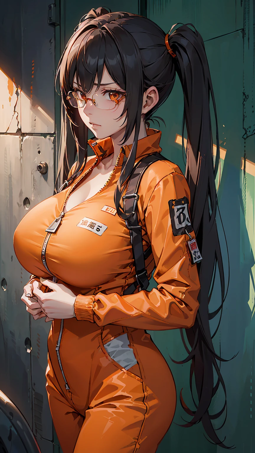 1 woman, alone, Angle from the front, (((D-Class Prisoner, Orange jumpsuit, Portraits, High resolution, Detailed Texture, Realistic Shadows, 体中に様式化されたPrisonerタトゥー:1.5, gruesome presentation, Face with scars, rough skin, The atmosphere is cold, 薄darkセル, Metal bars in the background, intense, Expressive, dramatic, masterpiece:1.0))), (((Orange jumpsuitの下は裸:1.5))), ((With nameplate)), ((Huge chest that hang heavy:1.5)), chestの谷between, Huge nipples covered, Camel Toe, Musashi_Fleet Collection, dark-skinned_woman, dark_skin, Glasses, length_hair, hair_between_eye, chest, big_chest, white_hair, Twin tails, brown_eye, red_eye, red面, semi-rimless_Glasses, black_nail, gray_hair, anger:1.1, Dissatisfied look:1.1, Orange jumpsuitを着たPrisoner, with labels "D-Class" chestにeye立つように表示される, Take portraits with confidence. 鮮明な画像がHigh resolutionでレンダリングされます, 精巧に描かれた質感とRealistic Shadows. Prisoner
