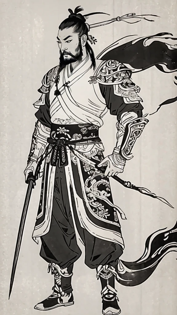 (((Monochrome)))、(((Ink Painting)))、(((A handsome man from ancient China with a topknot)))、(((Hands on hips)))、Line art、Oriental、Ultra-high resolution、Game Poster、Crisp and beautiful image quality、whole body ,(Ancient Chinese armor, Dragon head on shoulder, (Ancient Chinese armor with intricate pattern:1.2), gloves, Long trousers, (Very detailed, bloom:1.5), (Highest quality, Concept Art, 4K), (analog:1.2), (high sharpness), (Detailed pupil:1.1), Detailed face and eyes, masterpiece, Highest quality,8k,  (Black Hair, Dynamic Short Hair), (PurerosFace_v1:0.2), [:(Detailed face:1.2):0.2], sharp, Realistic Shadows, With a weapon in hand、