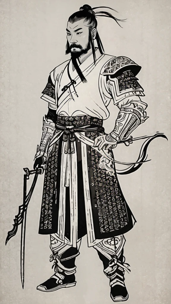 (((Monochrome)))、(((Ink Painting)))、(((A handsome man from ancient China with a topknot)))、(((Hands on hips)))、Line art、Oriental、Ultra-high resolution、Game Poster、Crisp and beautiful image quality、whole body ,(Ancient Chinese armor, Dragon head on shoulder, (Ancient Chinese armor with intricate pattern:1.2), gloves, Long trousers, (Very detailed, bloom:1.5), (Highest quality, Concept Art, 4K), (analog:1.2), (high sharpness), (Detailed pupil:1.1), Detailed face and eyes, masterpiece, Highest quality,8k,  (Black Hair, Dynamic Short Hair), (PurerosFace_v1:0.2), [:(Detailed face:1.2):0.2], sharp, Realistic Shadows, With a weapon in hand、
