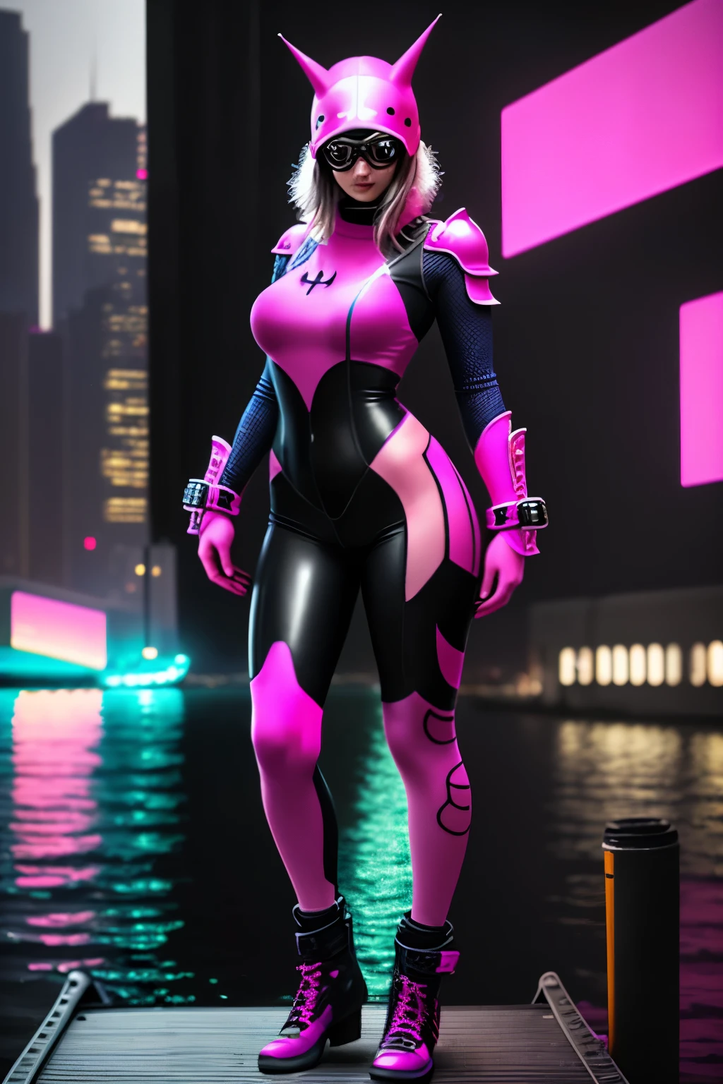 a closeup of a person standing on a boat near a body of water, fuchsia skin under armor, slick pink armor, fuchsia skin below the armor, body completo laser punk, gothic cyber outfit, cyber suit, hyper detailed full body photo, x-force full body suit, cyberpunk clothing, terno ciberpunk, Diving fact, smooth fuchsia skin