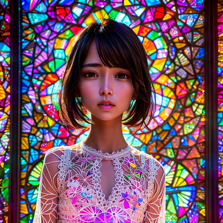 SFW, concept art, Tiny junior idol, (Detailed Delicate lace knitted white clothes), (nipple:-0.9), face closeup, (Elaborate stained glass Background:1.37), (((Renbutsu Misako), colorful Light shines through delicate stained glass:1.2, vivid red colors, Luminous Particles, light Particles))(Acutance:0.8). (ProfessionalPhoto:1.2),(ultra-detailed:1.37), (Extremely detailed KAWAII face variations, innocent expression variations), rosy cheeks, intricate detailed eyes with sparkling highlights, long eyelashes with volume, subtle blush on the face. Mystic sight, haze, Impeccable Radiant PearlSkin with Transparency, captivating gaze, ((Dynamic-angle)), whole Body proportions and all limbs are anatomically accurate . (Exposed:0.64)
