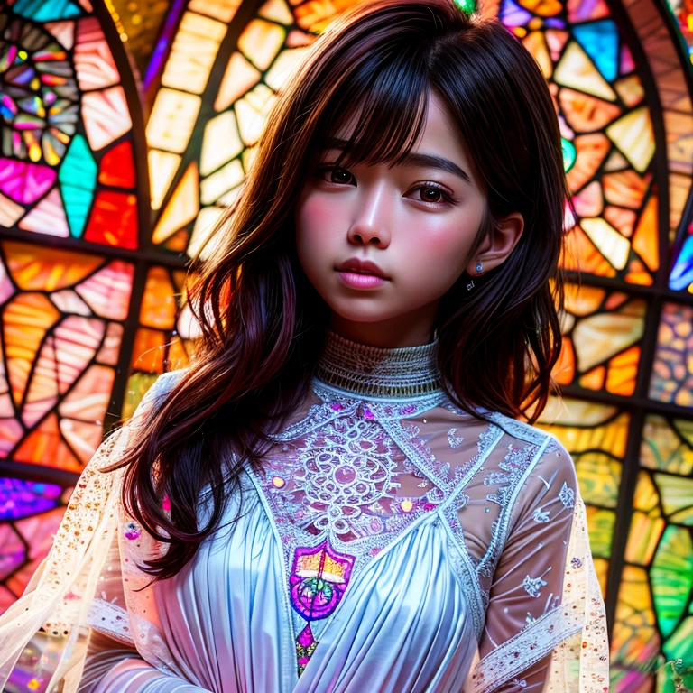 SFW, concept art, Tiny junior idol, (Detailed Delicate lace knitted white clothes), (nipple:-0.9), face closeup, (Elaborate stained glass Background:1.37), (((Renbutsu Misako), colorful Light shines through delicate stained glass:1.2, vivid red colors, Luminous Particles, light Particles))(Acutance:0.8). (ProfessionalPhoto:1.2),(ultra-detailed:1.37), (Extremely detailed KAWAII face variations, innocent expression variations), rosy cheeks, intricate detailed eyes with sparkling highlights, long eyelashes with volume, subtle blush on the face. Mystic sight, haze, Impeccable Radiant PearlSkin with Transparency, captivating gaze, ((Dynamic-angle)), whole Body proportions and all limbs are anatomically accurate . (Exposed:0.64)