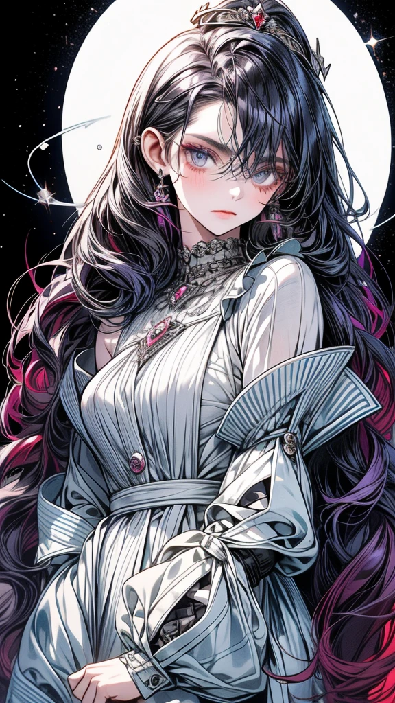 One Beautiful girl、unique long hairstyle 、dark purple hair color , blue eyes、small face、anime makeup、"A girl with a cute and androgynous face"、white skin、cute eyes、Very thin eyebrows、plump body, mature woman, big breasts, sexy, tall, black royalty outfit 、stylish outfits 、、19 years old、British girl、Has a languid look、anger、Lower the corners of your mouth with no expression on your face、Photographed from the side diagonally、model photoshoot、masterpiece、highest quality、high resolution、luxurious 、glaring expression、korean makeup 、Cool photos、blurred black filter, arms tattoos、Various poses、rich , handsome girl, an expression of despair, lifeless eyes , cruch
