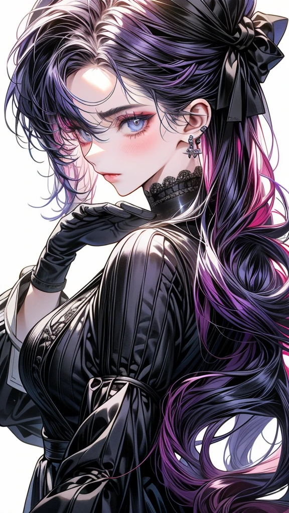 One Beautiful girl、unique long hairstyle 、dark purple hair color , blue eyes、small face、anime makeup、"A girl with a cute and androgynous face"、white skin、cute eyes、Very thin eyebrows、plump body, mature woman, big breasts, sexy, tall,  black royalty outfit 、stylish outfits 、、19 years old、British girl、Has a languid look、anger、Lower the corners of your mouth with no expression on your face、Photographed from the side diagonally、model photoshoot、masterpiece、highest quality、high resolution、luxurious 、glaring expression、korean makeup 、Cool photos、blurred black filter, arms tattoos、Various poses、rich , handsome girl, an expression of despair, lifeless eyes , cruch
