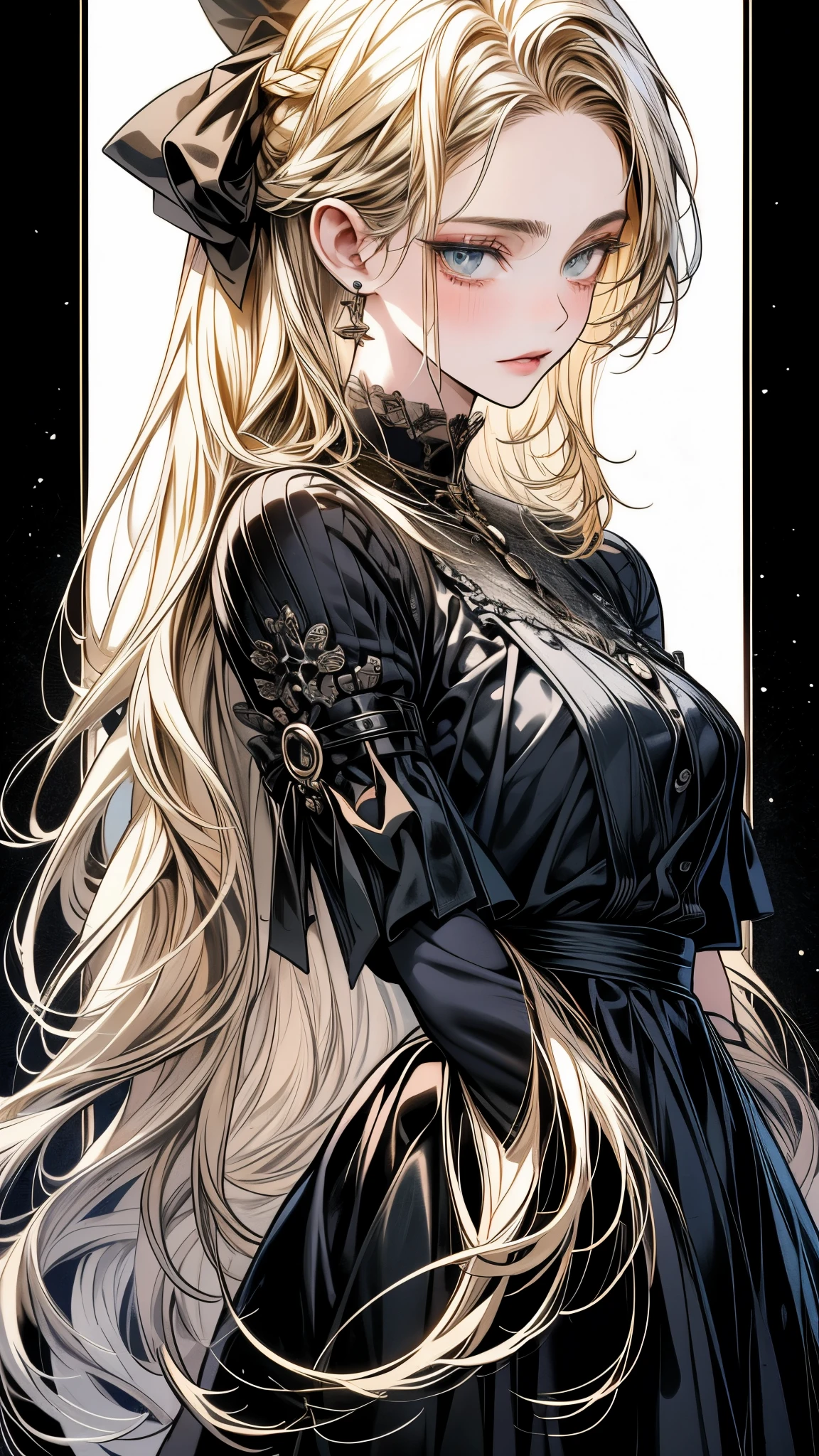 One Beautiful girl、unique long hairstyle 、blonde hair color , emerald eyes、small face、anime makeup、"A girl with a cute and androgynous face"、white skin、cute eyes、Very thin eyebrows、tall、stylish black luxury fashion、stylish outfits 、、19 years old、British girl、Has a languid look、anger、Lower the corners of your mouth with no expression on your face、Photographed from the side diagonally、model photoshoot、masterpiece、highest quality、high resolution、luxurious 、glaring expression、korean makeup 、Cool photos、blurred black filter, black suit , arms tattoos、Various poses、rich , handsome girl, an expression of despair, lifeless eyes , cruch