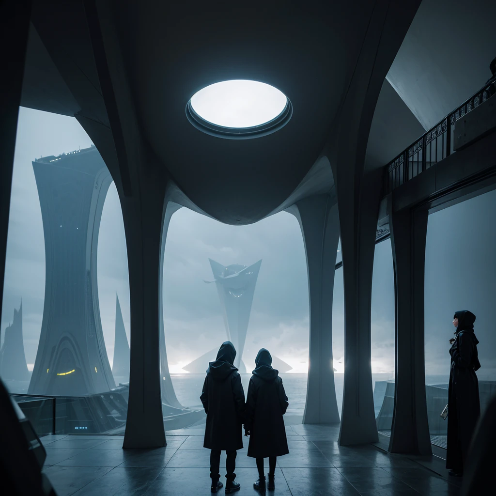 (Best Quality) Hooded people looking at the futuristic architecture of an alien civilization with dark color palette