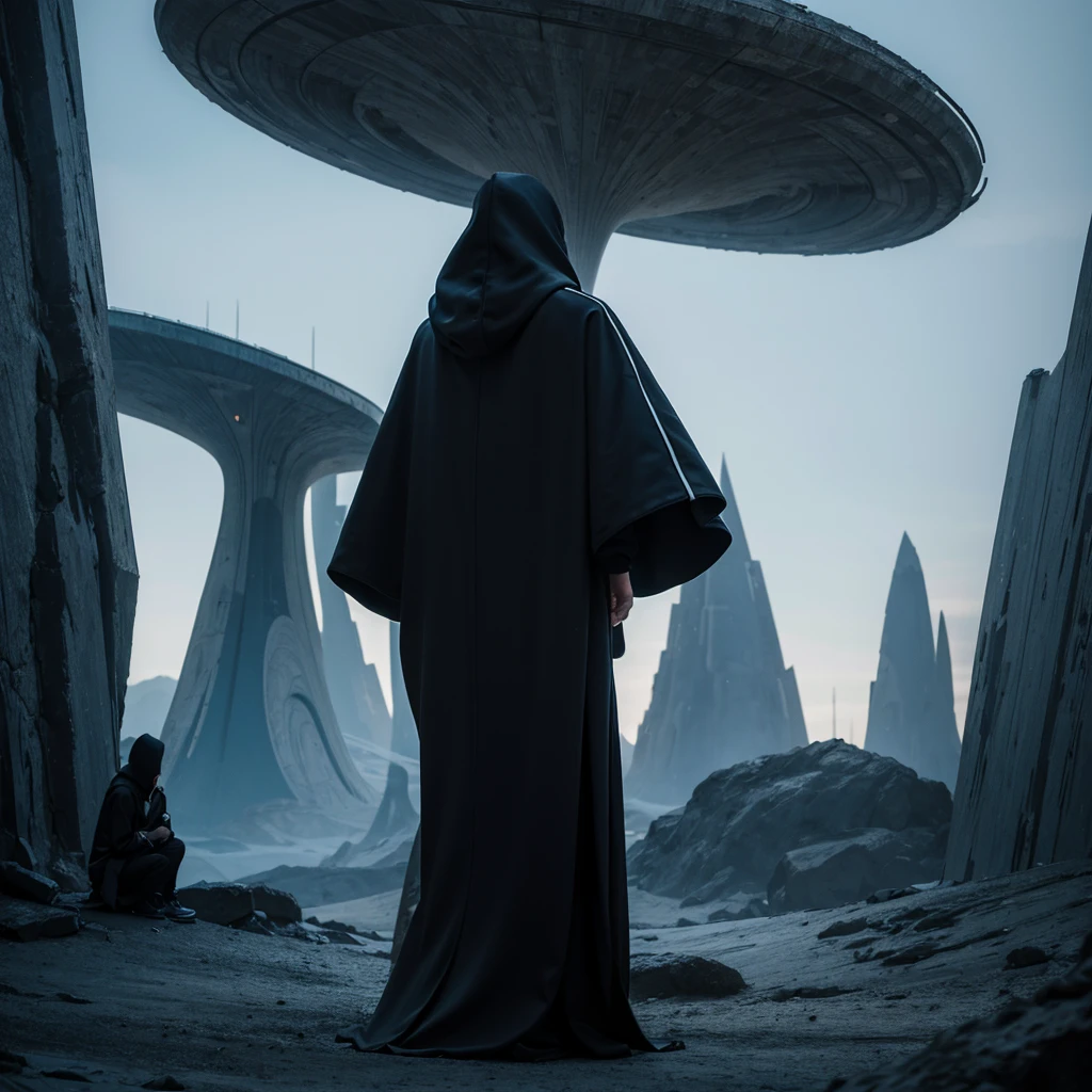 (Best Quality) Hooded people looking at the futuristic architecture of an alien civilization with dark color palette