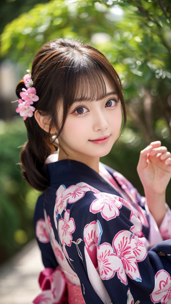 (8k、high resolution、High resolution、Fine details)High resolutionの顔、Zoom out、18 years old、 Beautiful detailed eyes、Random cute hairstyles、Pink Yukata、Natural Makeup、Korean Idol
