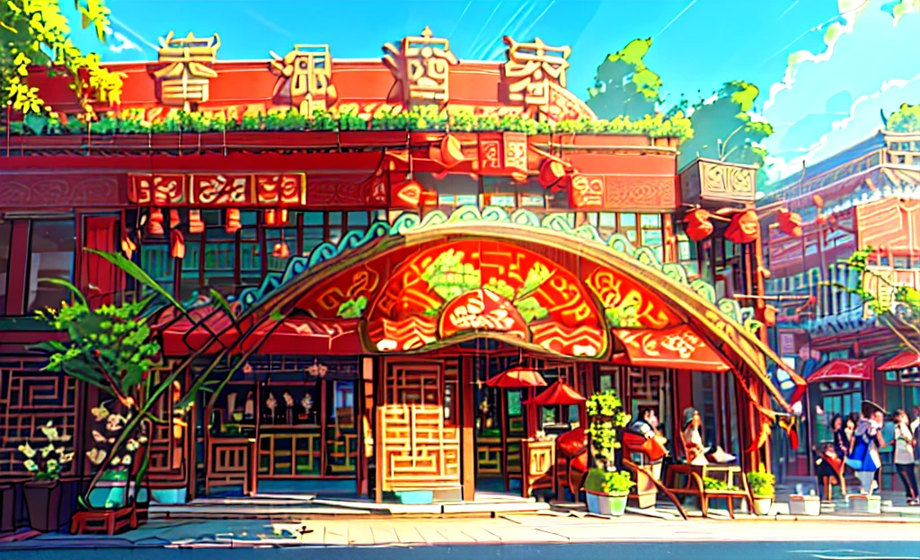 Pixar, UHD, masterpiece, retina,depicting a two-story glass-fronted traditional Chinese restaurant on a bustling street. A row of vibrant green potted plants adorn the entrance, inviting passersby,Daytime scene,blue sky
