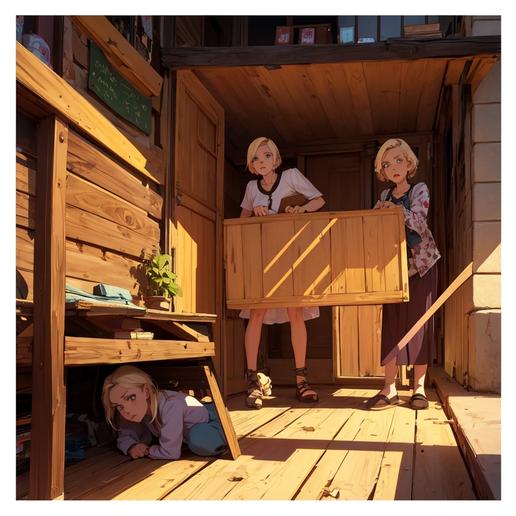 one with short blonde hair and a scared face, hiding behind your mother