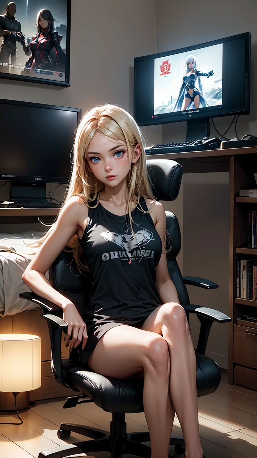 Create a top-quality image of a beautiful 20-year-old anime girl with tan skin. She has long blonde hair and beautiful eyes, wearing a see-through top that barely covers her nipples, highlighting her perfect figure. She is also wearing sleep shorts. The girl is sitting in a modern gaming chair in a dimly lit, modern room with the window open and it is night time, allowing a gentle breeze to flow in. She poses in a seductive manner, facing the camera. Her room is filled with modern nerdy items that show her love for video games and anime, including gaming equipment like a high-end gaming PC, sleek gaming desk, ergonomic gaming chair, and the latest gaming console, as well as stylish anime posters and figurines. The image should exhibit high-quality visual artistry, with intricate details, capturing a cozy and alluring atmosphere.