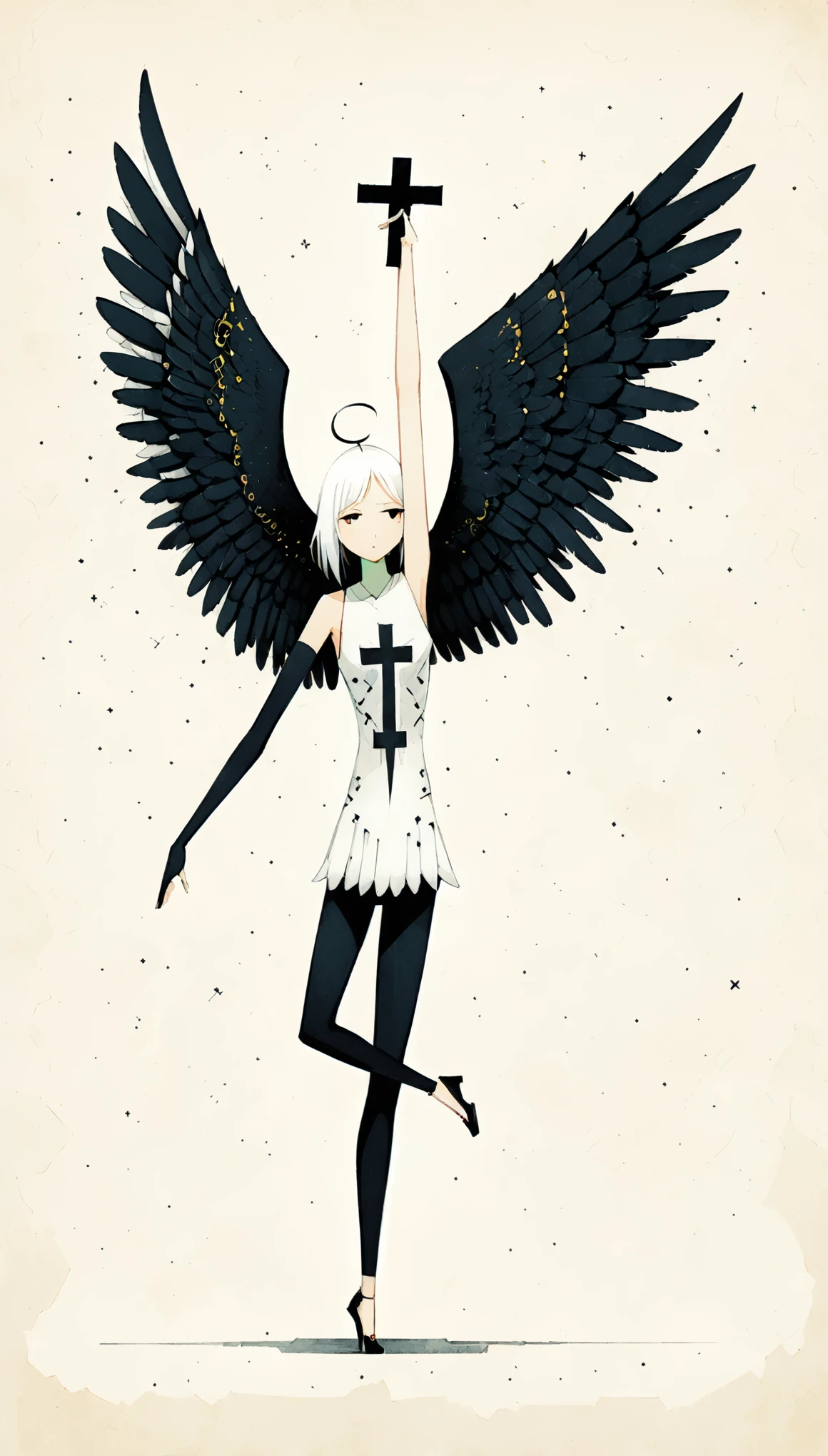 in style of Santiago Caruso,in the style of Dan Matutina,(in style of Mike Azevedo:1.4), 1girl,(bikkii:1.3),(withe and black cross angel:1.4),(Arm Stretch :1.3), (black wing and white wing:1.4),Stand on one foot,