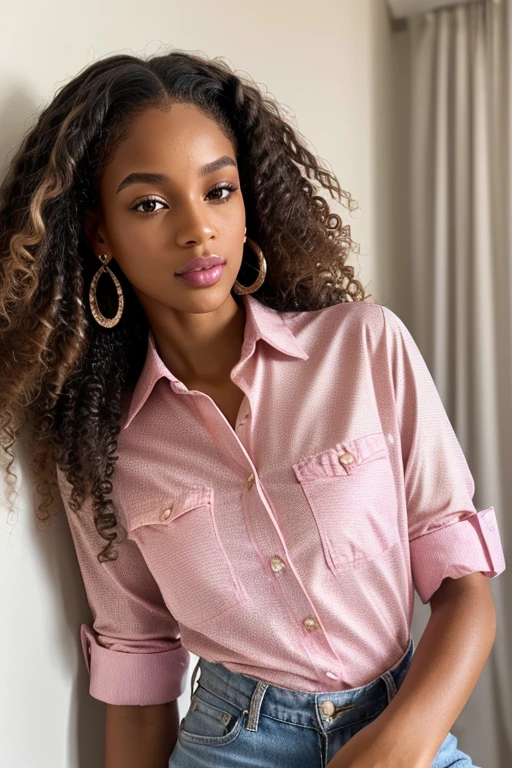 ((28-year-old))) mixed black girl, (((light skin))), (((close-up, full body pose))), (((tall, slim, model like body))), (((long curly brown hair))), ((youthful face))), ((light brown glistening eyes))), ((natural pink lips))), (((wearing pink button-up shirt))),(((small, dainty, diamond earrings))) Rich, Deep Colours, (intricate details:0.9), (HDR, hyper-detailing:1.2), (natural skin textures, hyper realisitc, glistening skin, soft light, Sharp),
