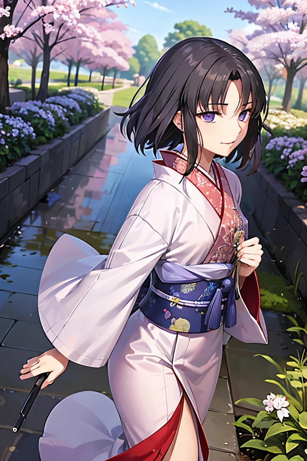 A Looks sickly girl from a Japanese nobility. 1940s with wet raven hair and light purple eyes,Walking around the garden,smileing

