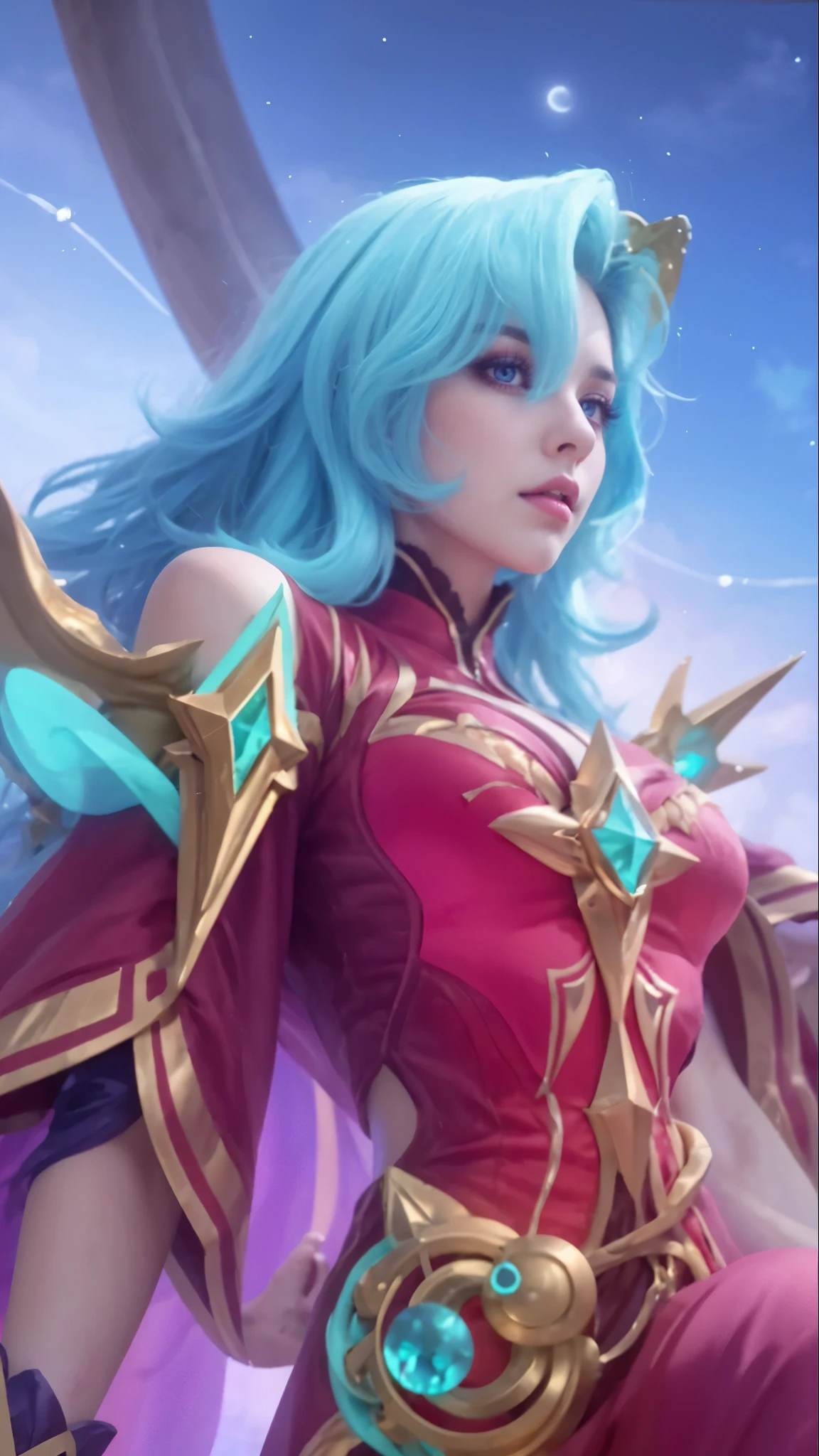 Realistic, High Quality.
Blue hair Woman, European Woman, 22 years old, mature, very beautiful Woman, alluring, Downturned eyes, red dress, astral vibe. Gaze away.