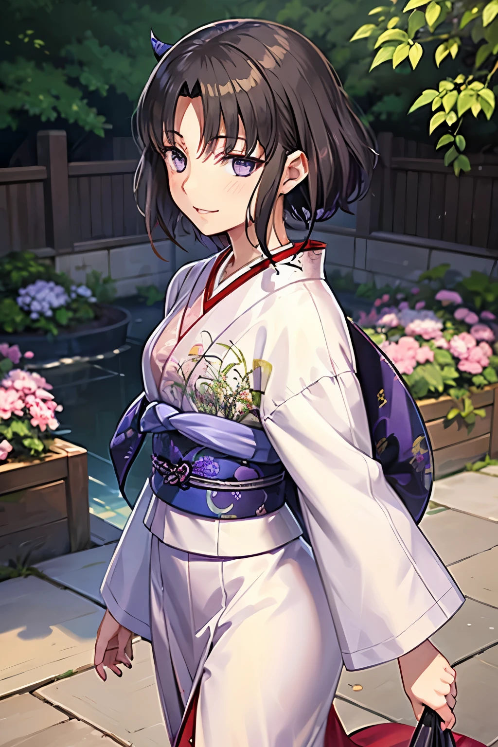 A Looks sickly girl from a Japanese nobility. 1940s with wet raven hair and light purple eyes,Walking around the garden,smileing

