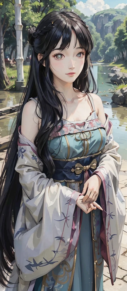 masterpiece, best quality, official art, 8k wallpaper, highly detailed, illustration, 1 girl, Azure hair, long hair, detailed eyes, forrest, bare shoulders, hanfu,lakes, pure, soft smile,bamboo,Tea