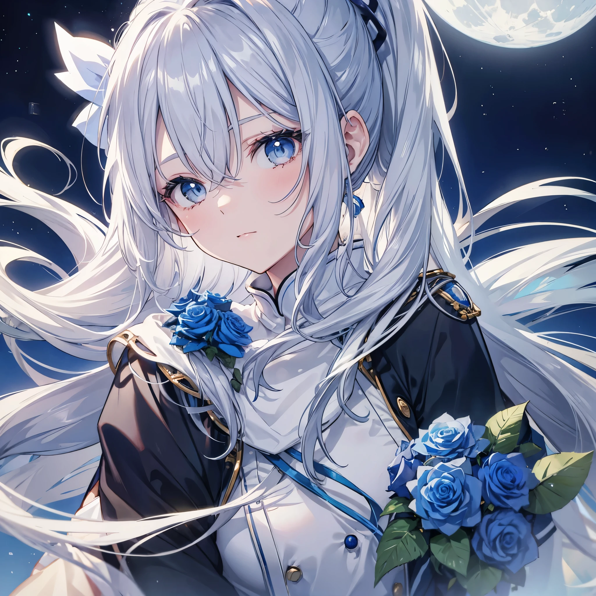 ((((Gray Hair、ponytail、Long Hair 1 person Blue eyes、Shine Pure white skin Smooth skin)))) (((Adult women、slender Kind Face With blue roses Blue and white))) ((Big Moon、night milky way)) (Shine背景 白くShine縁)