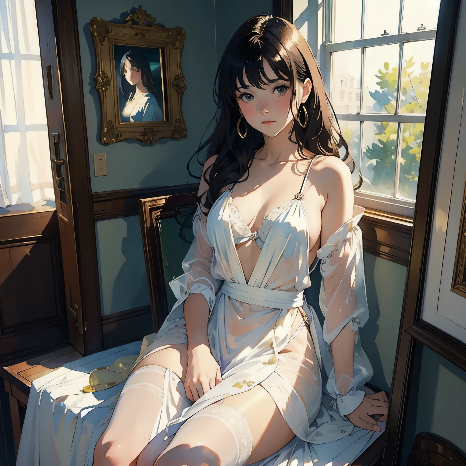(A very beautiful paints a life-size self-portrait:1.2), (Full body portrait:1.2)、See through,(An incomplete life-size portrait:1.2)、(Paint set、palette、Pen)、Beautiful and fair、Glowing Skin, Nice, bright, Refreshing and gentle look, Perfect beautiful face、Beautiful shiny bangs, Small breasts,Lace Bikini,room、window、Soft Light、(Watercolor of singer Sargent)、(Highest quality、masterpiece)、