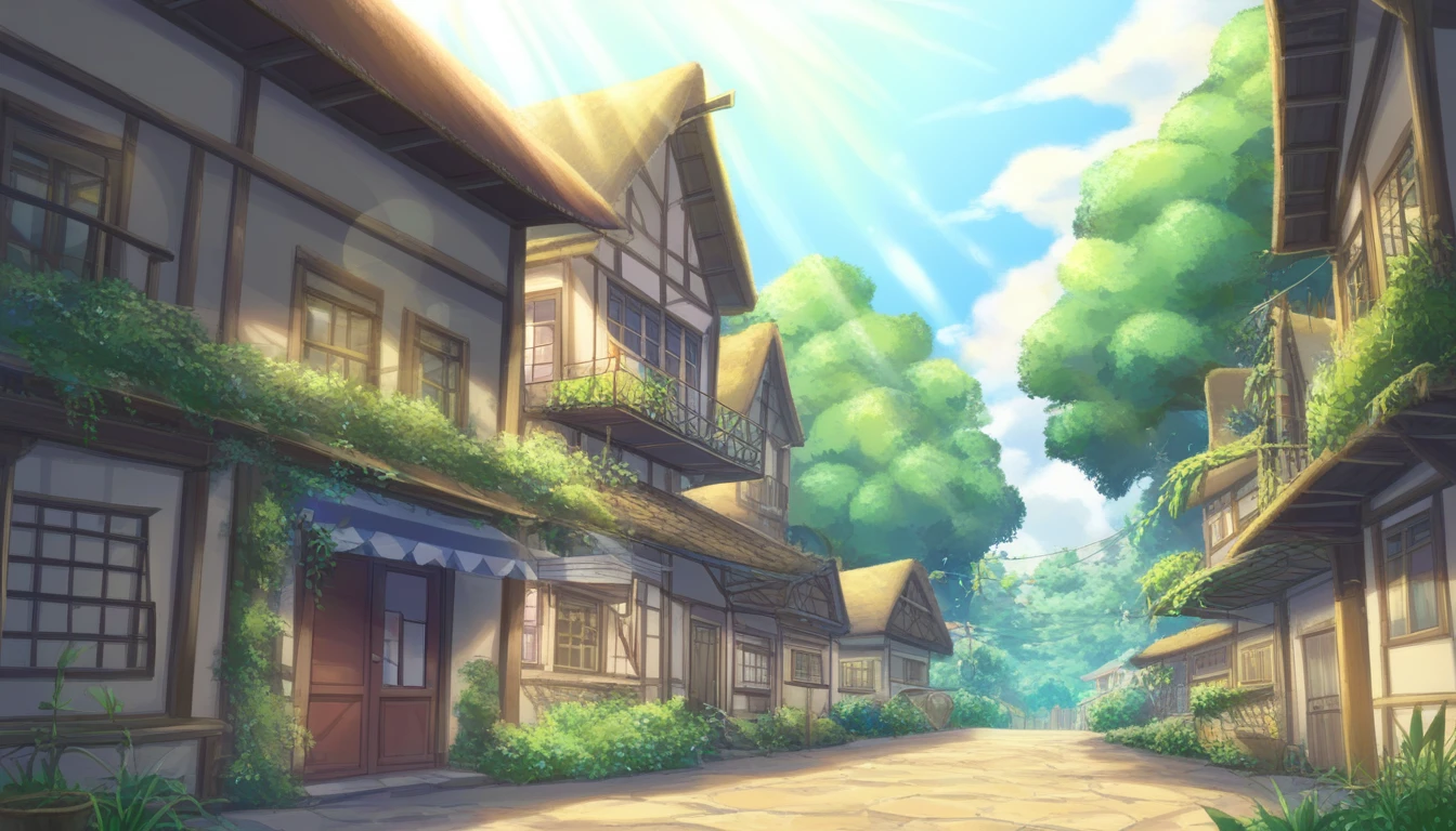 Overlooking,Panoramic view of the whole town,Sunlight shines through the foliage on the streets,Bright