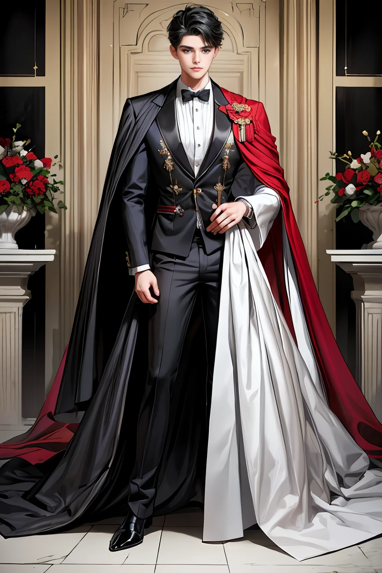
masterpiece, 最high quality, high quality, 1 boy, alone, Male focus, Watching the audience,  Messy black hair, Adorable big blue eyes, White, Noble, Noble,A black and red cape that is bursting with sexy volume、Tuxedo、A very voluminous, large, very large, very large, long, long red and black cape with a high stand-up collar, made of a lot of fabric that reaches down to the floor., 17 years old,Cute beautiful boys,Cute, cute, kind, handsome guy