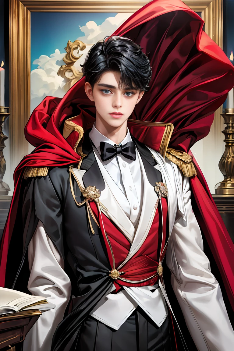 
masterpiece, 最high quality, high quality, 1 boy, alone, Male focus, Watching the audience,  Messy black hair, Adorable big blue eyes, White, Noble, Noble,A black and red cape that is bursting with sexy volume、Tuxedo、A very voluminous, large, very large, very large, long, long red and black cape with a high stand-up collar, made of a lot of fabric that reaches down to the floor., 17 years old,Cute beautiful boys,Cute, cute, kind, handsome guy