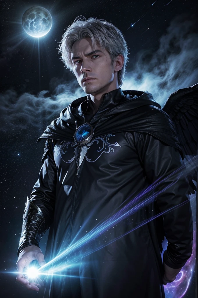 draw this for me: draw this for me: The book cover features a cosmic background, with nebulae and stars in shades of blue and purple. At the center, the imposing figure of Adon, a man with white hair and empty eyes, raise your hands, from which rays of cosmic energy emanate that give shape to different characters: A muscular warrior, a winged creature, a hooded wizard. all characters, Although, have a ghostly appearance, as if they were just incomplete sketches. In the bottom right corner, Lyra's delicate figure, a young woman with black hair and bright eyes, holds an open book, from which a golden light emanates that illuminates the characters, giving them life and color. The title of the book, "The Creator's Curse", It's written in gold letters, with a subtle shine effect. Na parte inferior da capa, The phrase "A creation story, destruction and redemption in the Unionverse" in smaller letters, but still readable.