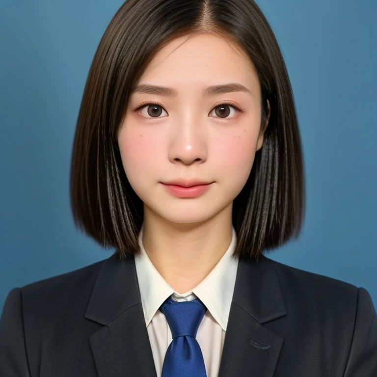 (kawaii 18 year-old Japanese girl, Nogizaka idol, Korean idol, highschool student), healthy female athlete body, (glossy black hair, very short hair, pixie cut, bangs:1.3), (rounded face, beautiful black eyes, single eyelid, no makeup, no expression:1.2), (wearing suit jacket, collared shirt, necktie:1.3), extra small breasts, (looking at viewer:1.2), BREAK, (simple blue background, yearbook background:1.3), (portrait, id photo, bust shot, view from vertically straight forward:1.3), BREAK, (masterpiece, best quality, photo realistic, official art:1.4), (UHD, 8K quality wallpaper, high resolution, raw photo, golden ratio:1.3), (shiny skin), professional lighting, physically based rendering, award winning, (highly detailed skin, extremely detailed face and eyes), Carl Zeiss 85 mm F/1.4, depth of field, 1girl, solo,