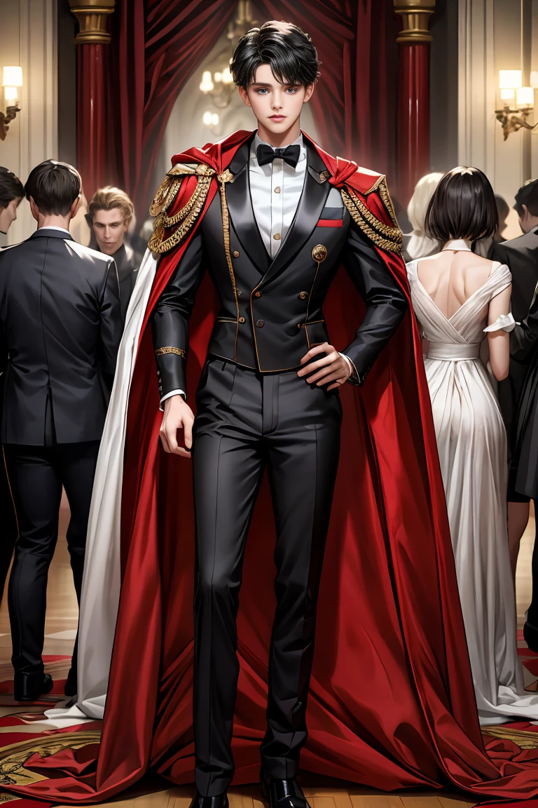 
masterpiece, 最high quality, high quality, 1 boy, alone, Male focus, Watching the audience,  Messy black hair, Adorable big blue eyes, White, Noble, Noble,A black and red cape that is bursting with sexy volume、Tuxedo、A very voluminous, large, very large, very large, long, long red and black cape with a high stand-up collar, made of a lot of fabric that reaches down to the floor., 17 years old,Cute beautiful boys,Cute, cute, kind, handsome guy
