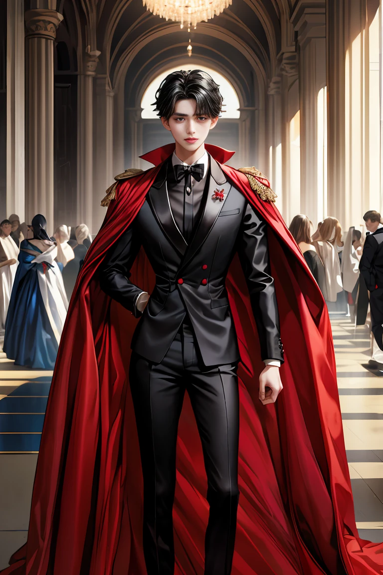 masterpiece, 最high quality, high quality, 1 boy, alone, Male focus, Watching the audience, Messy black hair, Adorable big blue eyes, White, Noble, Noble,A black and red cape that is bursting with sexy volume、Tuxedo、A very voluminous, large, very large, very large, long, long red and black cape with a high stand-up collar, made of a lot of fabric that reaches down to the floor., 17 years old,Cute beautiful boys,Cute, cute, kind, handsome guy