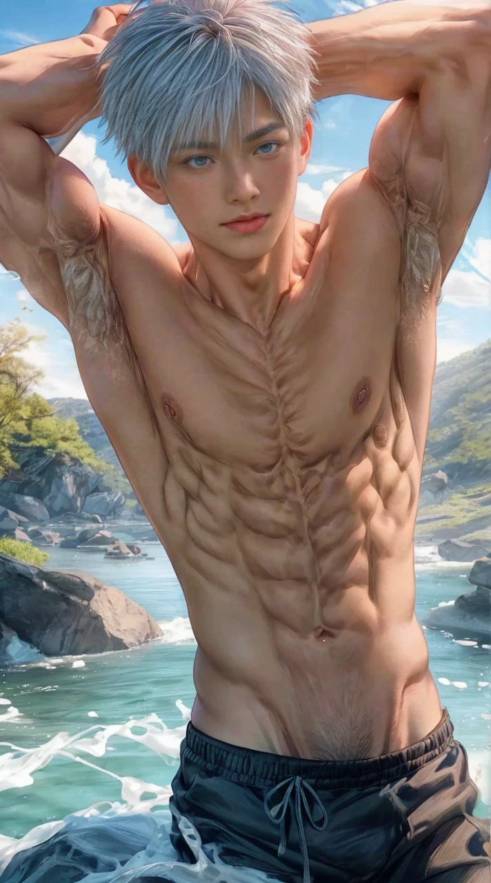 1boy, adult, handsome, perfect face, detailed eyes and face, clean shaved, muscular, capturing a rural atmosphere, dynamic lighting, unreal engine 5, hd picture, satoru gojo, white hair, short hair ,hair between eyes ,blue eyes, white skin, milk pink nipple details