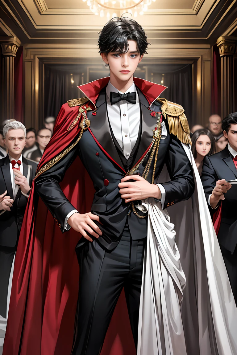 
masterpiece, 最high quality, high quality, 1 boy, alone, Male focus, Watching the audience,  Messy black hair, Adorable big blue eyes, White, Noble, Noble,A black and red cape that is bursting with sexy volume、Tuxedo、A very voluminous, large, very large, very large, long, long red and black cape with a high stand-up collar, made of a lot of fabric that reaches down to the floor., ,Cute beautiful boys,Cute, cute, kind, handsome guy