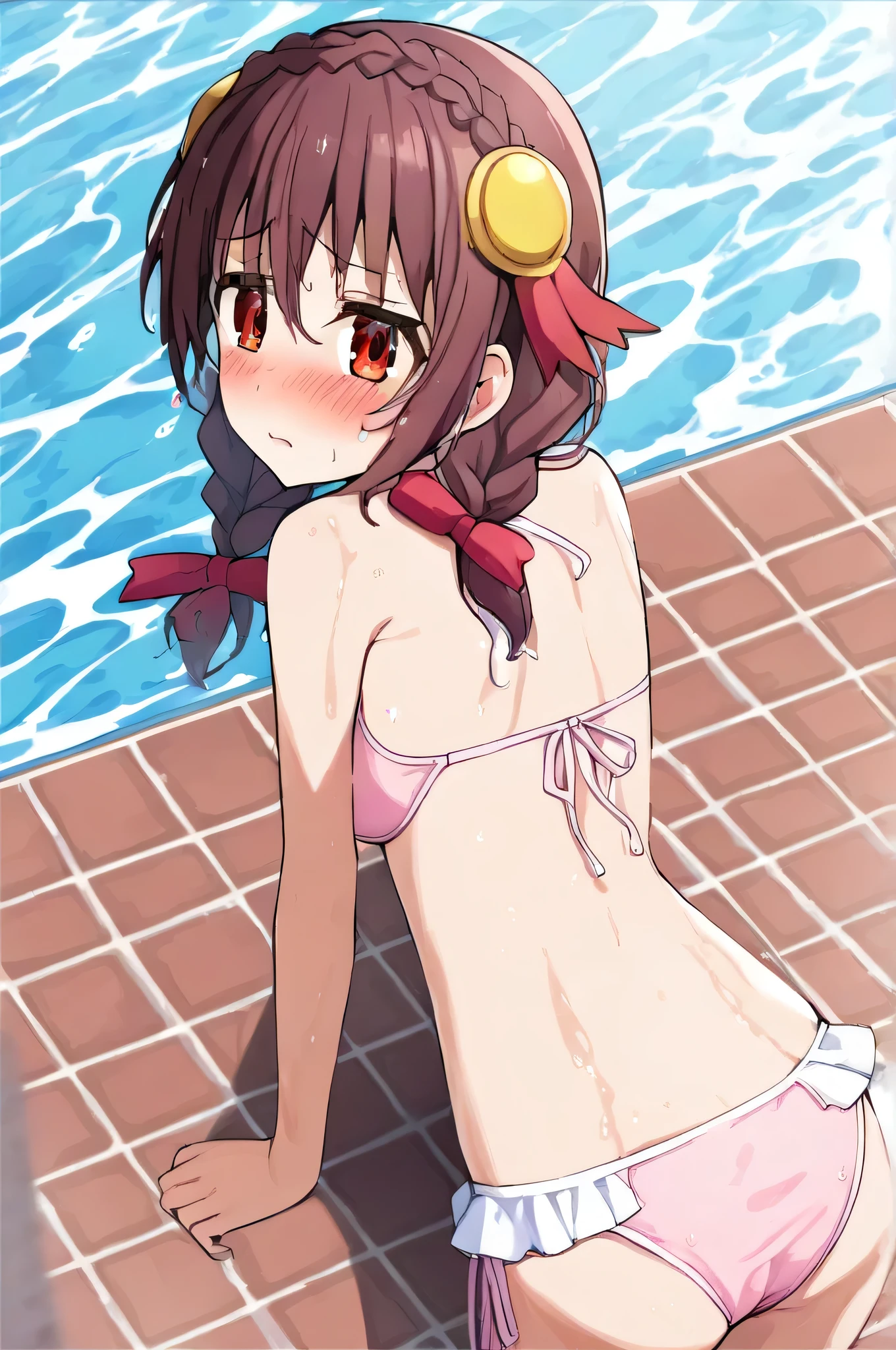 alone, One girl, Yunyun、(blush:1.2) 、View your viewers, Crown braids of the same color as your hair, Red Eyes、hair ornaments, Hair Ribbon, (White and pink bikini)、(Poolside)、So wet、(Worried look:1.5)、(Lots of splashes:1.2)、(Look Back)