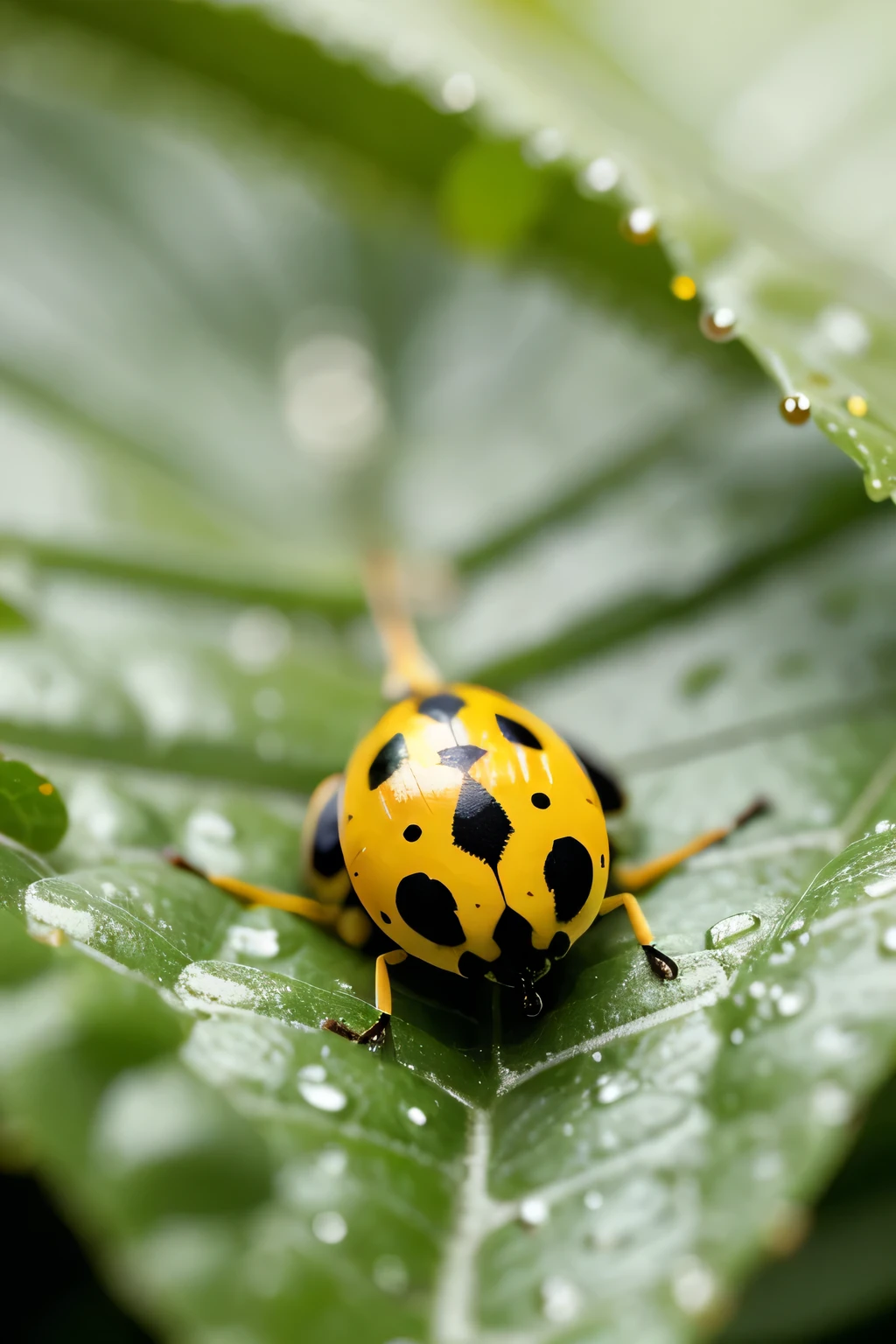 Generate a close-up a few drops of water on a leaf, blur forest As the background, ladybird with yellow and black colours sits on the leaf, soft light.