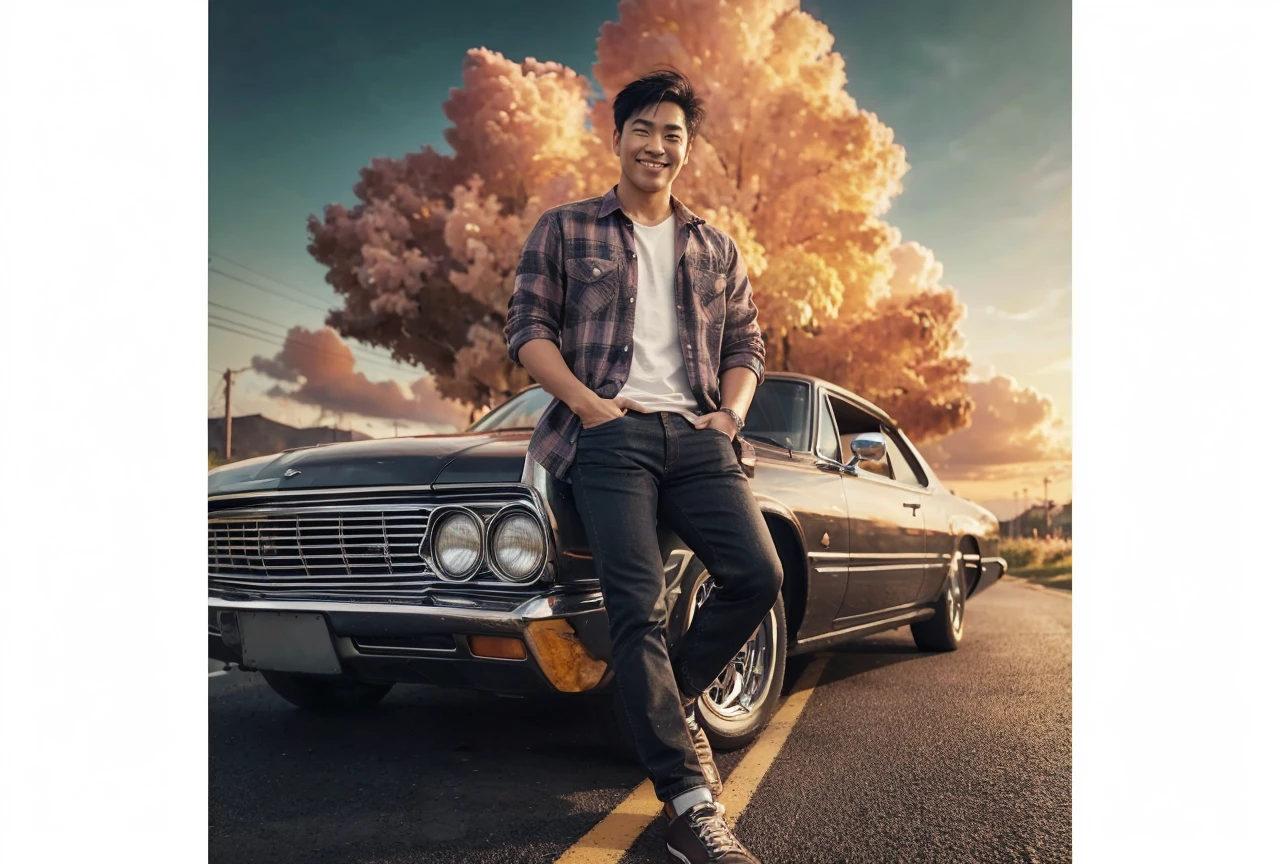 a handsome Asian man standing with his back full body next to a classic car, smiling forward and wearing a cool flannel shirt and black jeans.Behind the man, there are big clouds in the sky with a red-orange color, indicates that when the sun rises or sets. The ground below looked like a road with yellow dividing lines, and along the way there are pink flowers. very real and realistic image size 16:9.4k