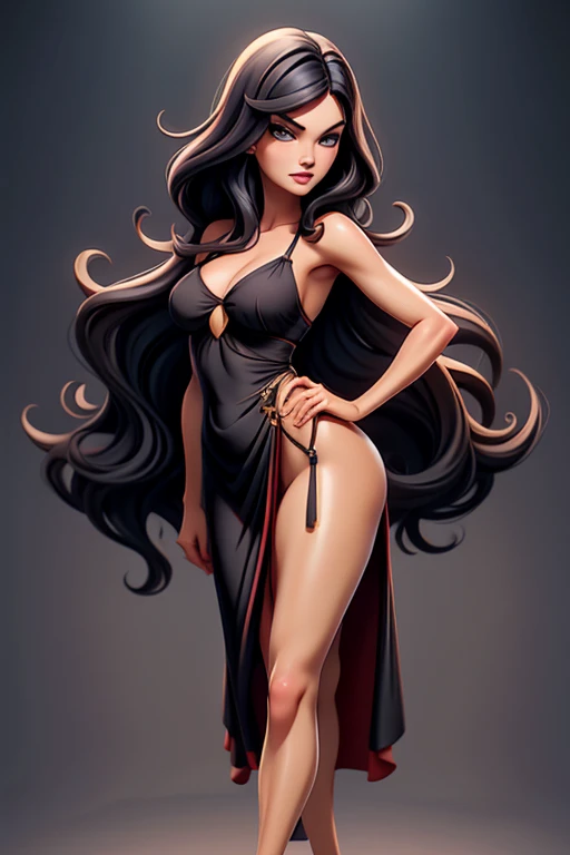 Milla Jovovich, long hair, redgown, Barbie, cartoon sexy girl, posing gracefully for photo, beauty in loose dress, long straight black hair, Waist slender, sexy girl, mulher de corpo inteiro, wearing loose dress, beautiful seductive woman, slender figure, cartoon vector style, corpo pin-up, Broad Hips
