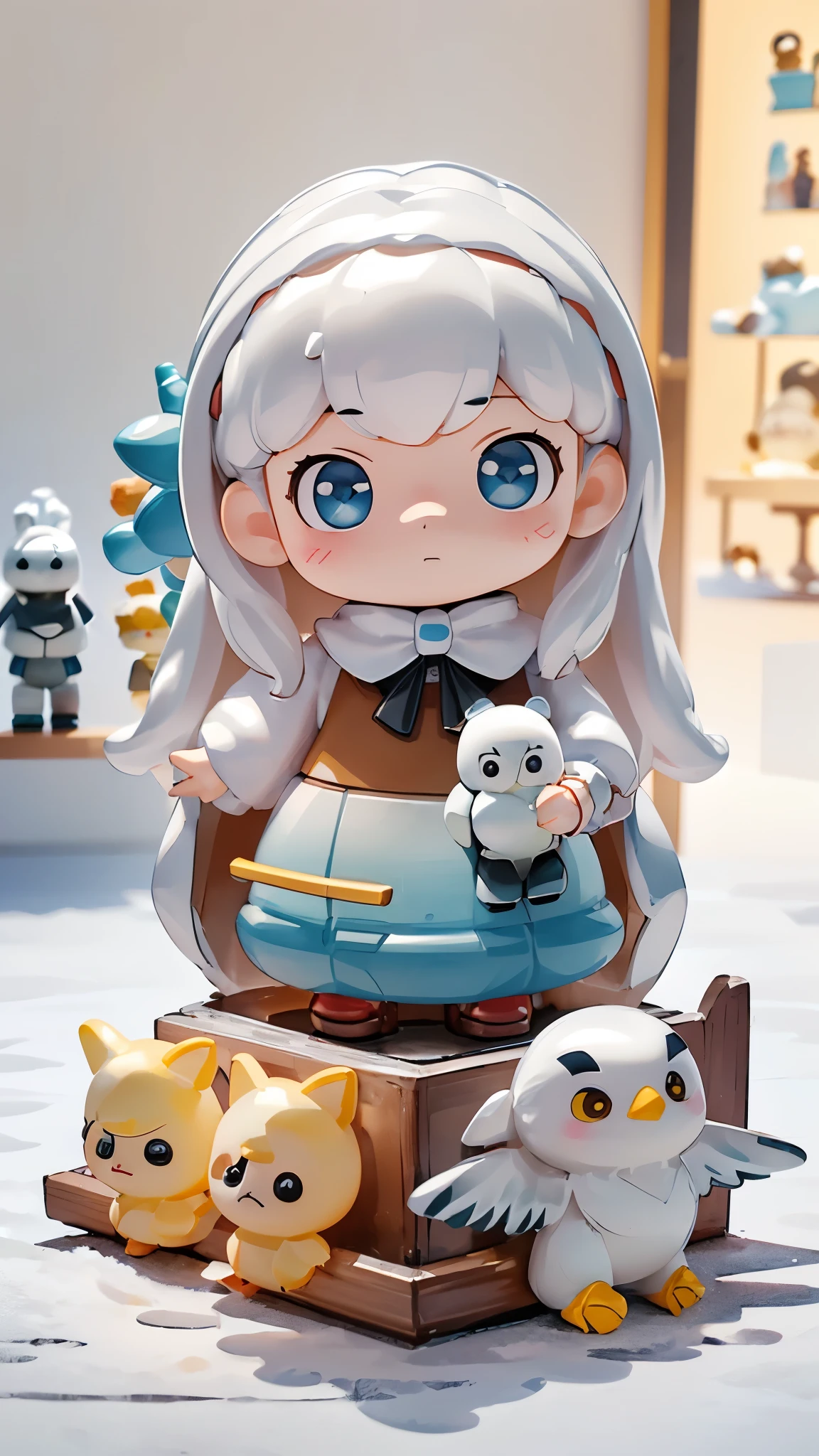 (masterpiece:1.2, Highest quality,High resolution,Super detailed),(Photorealistic Stick),8k,wallpaper,Ultra-fine painting,Snowy Owl Stuffed Toy,cute,A charming face,There is no motivation,Isometric 3D diorama,(There are lots of stuffed toys on display at the toy store.:1.6)