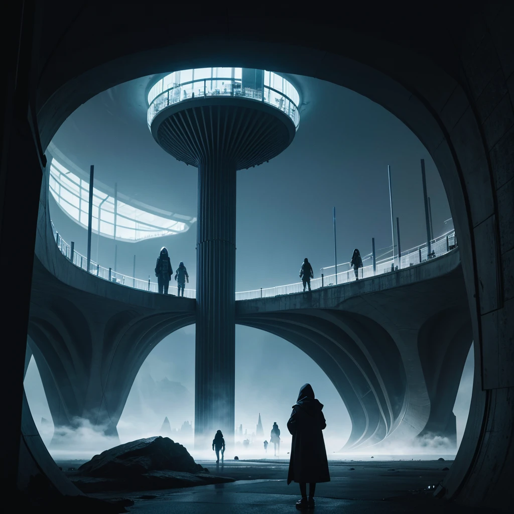 (Best Quality) Hooded people looking at the futuristic architecture of an alien civilization with dark color palette