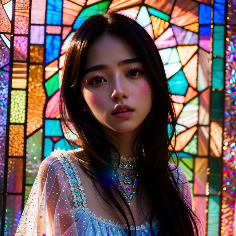 SFW, concept art, Tiny junior idol, (Detailed Delicate lace knitted white clothes), (nipple:-0.9), face closeup, (Elaborate stained glass Background:1.37), (((Renbutsu Misako), colorful Light shines through delicate stained glass:1.2, vivid red colors, Luminous Particles, light Particles))(Acutance:0.8). (ProfessionalPhoto:1.2),(ultra-detailed:1.37), (Extremely detailed KAWAII face variations, innocent expression variations), rosy cheeks, intricate detailed eyes with sparkling highlights, long eyelashes with volume, subtle blush on the face. Mystic sight, haze, Impeccable Radiant PearlSkin with Transparency, captivating gaze, ((Dynamic-angle)), whole Body proportions and all limbs are anatomically accurate . (Exposed:0.64)