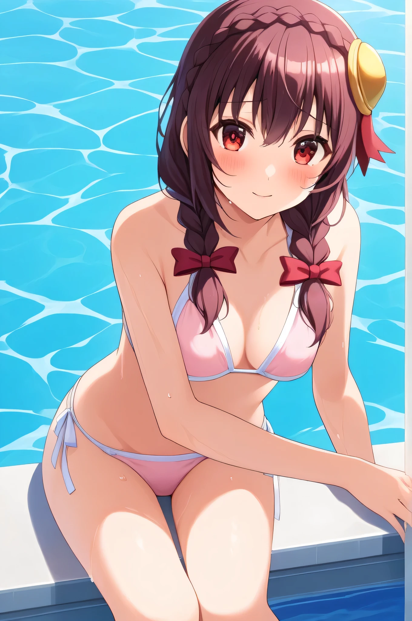 alone, One girl, Yunyun、blush 、View your viewers, Crown braids of the same color as your hair, Red Eyes、hair ornaments, Hair Ribbon, (White and pink bikini)、(Girl floating on the surface of the pool:1.4)、So wet、(A pleasant expression:1.5)、I can see from the knees up