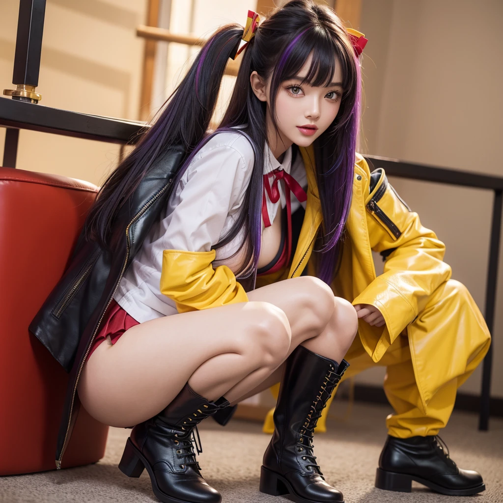 best quality，In 4K，beautiful girl，gravure idol，model，red，purple，Green outfit smile，highest quality，big breasts，hyper real stick、She has her bangs down，beautiful girl，Maid clotheasterpiece，perfect face，perfect breasts，long hair，Outstanding style，stimulating，Cute outfits，Horny girl，double eyelid，Naughty Girls，Erotic and cute，mini skirt，ribbon on uniform，colorful hair color，yellow eyes，leather jacket，horny girl，Knee-high boots，
Colorful，Multicolor，future fashion