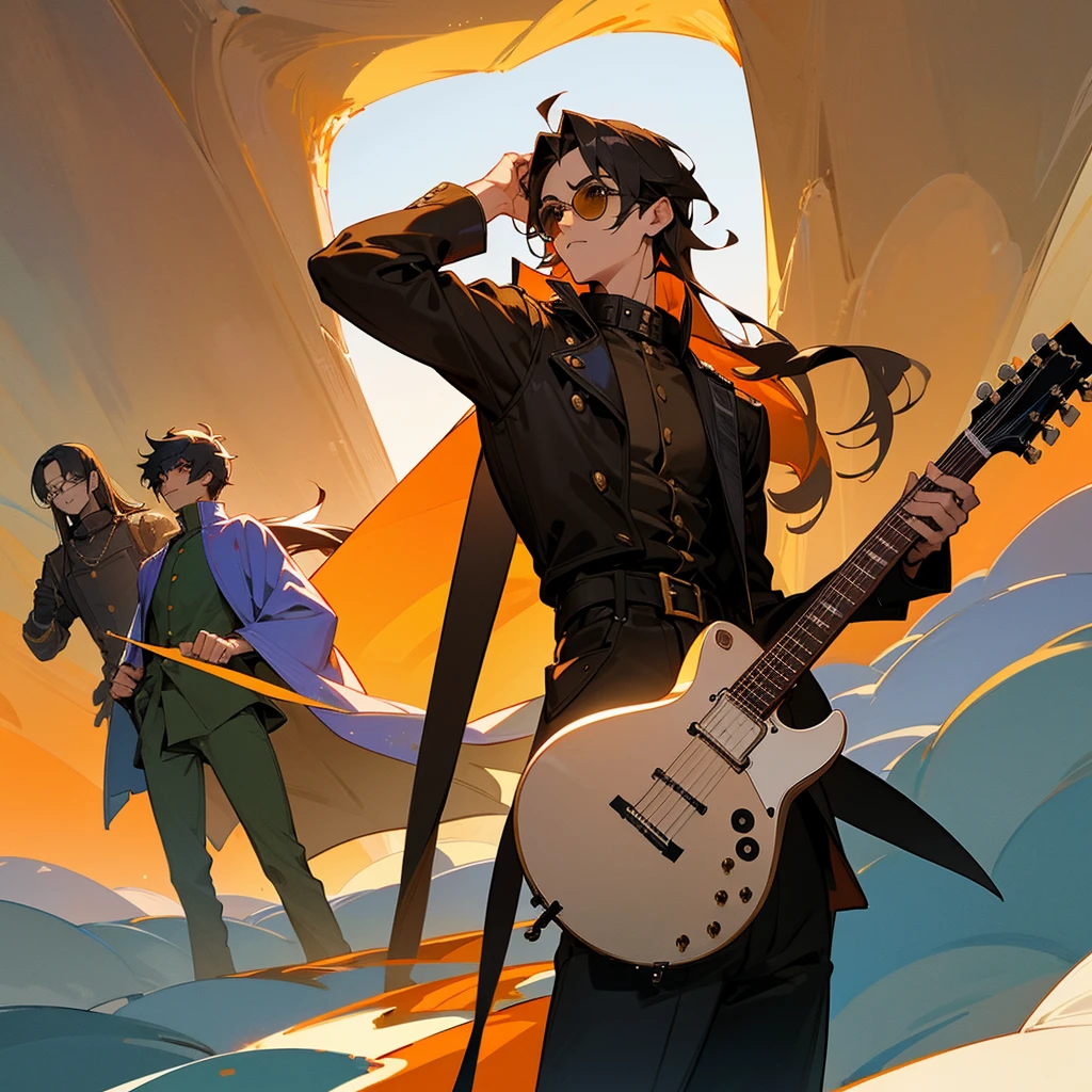 Five anime friends, sitting on a mountain peak at sunset, offer a captivating visual spectacle. First, tall and muscular, with curly hair and a leather jacket, exudes confidence. at your side, a thin young man with long hair and an acoustic guitar, look towards the horizon with dreamy eyes. the third, short stature and round glasses, is absorbed in a book, his intelligence shining in his expression. fourth, with an athletic build and military cut, maintains an upright posture, while the fifth, tall and wide with sunglasses, tell a funny story to the group. The scene, bathed in gold and orange tones, captures the essence of friendship and youth.
Generate an image