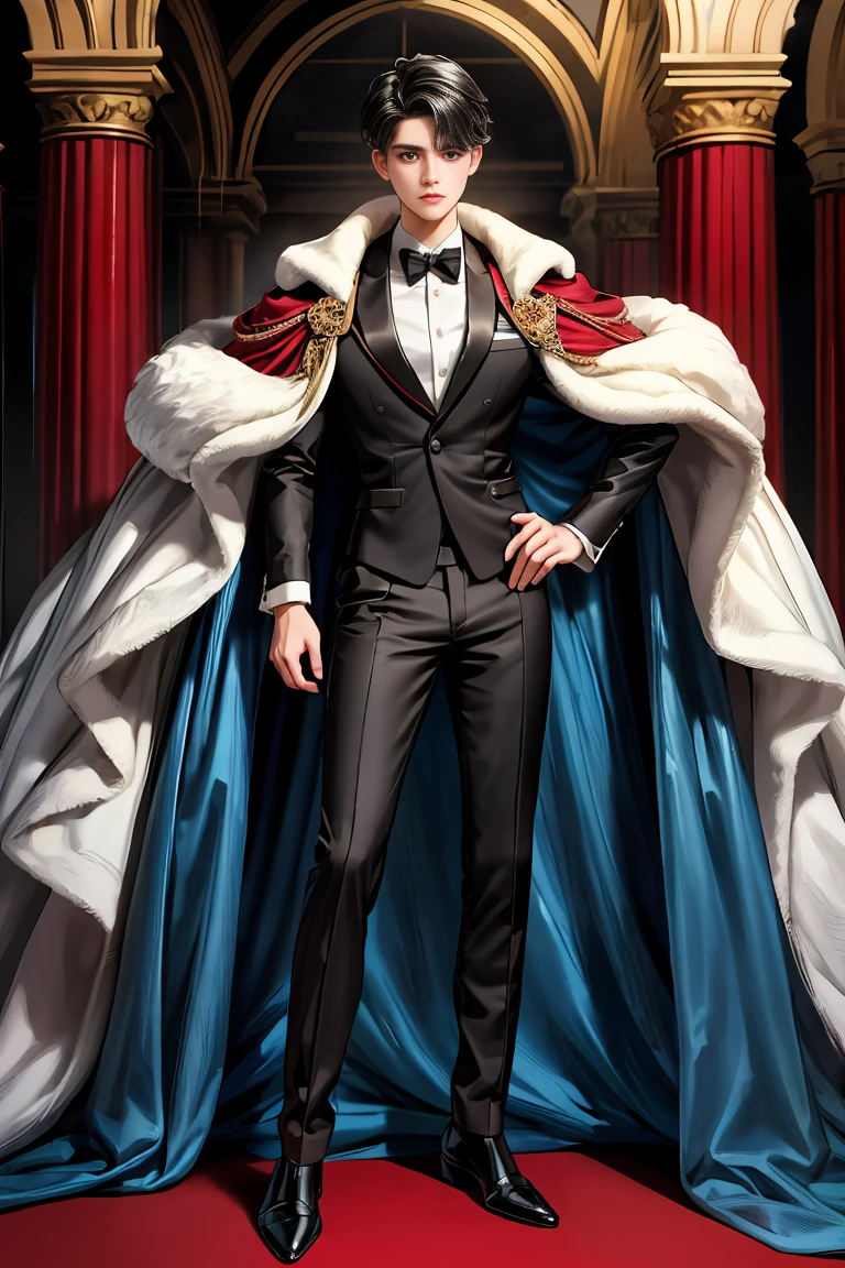 
masterpiece, 最high quality, high quality, 1 boy, alone, Male focus, Watching the audience,  Messy black hair, Adorable big blue eyes, White, Noble, Noble,A sexy, voluminous, puffy cape、tuxedo、A very voluminous, large, very large, very large, long, long red and black cape with a high stand-up collar, made of a lot of fabric that reaches down to the floor., 17 years old,Cute beautiful boys,Cute, cute, kind, handsome guy