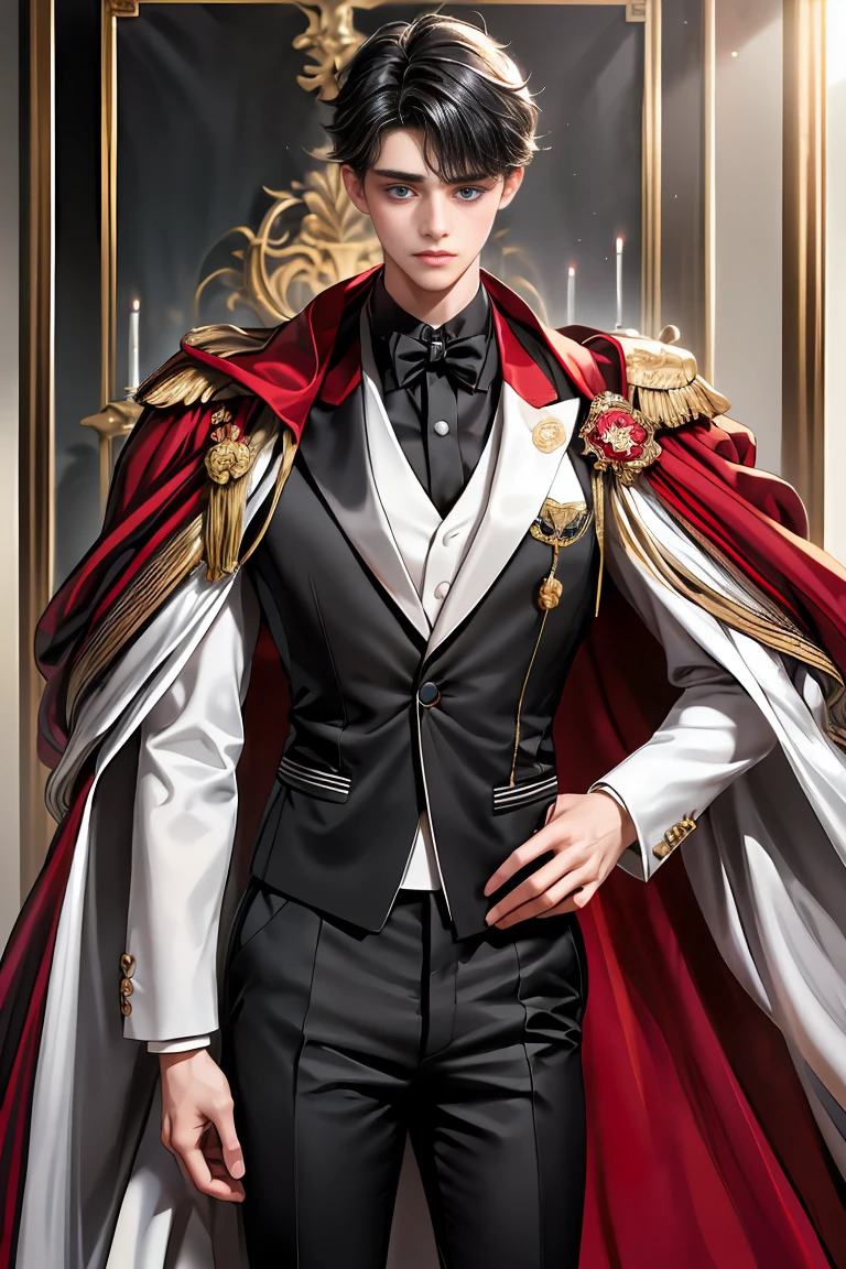
masterpiece, 最high quality, high quality, 1 boy, alone, Male focus, Watching the audience,  Messy black hair, Adorable big blue eyes, White, Noble, Noble,A black and red cape that is bursting with sexy volume、Tuxedo、A very voluminous, large, very large, very large, long, long red and black cape with a high stand-up collar, made of a lot of fabric that reaches down to the floor., 17 years old,Cute beautiful boys,Cute, cute, kind, handsome guy