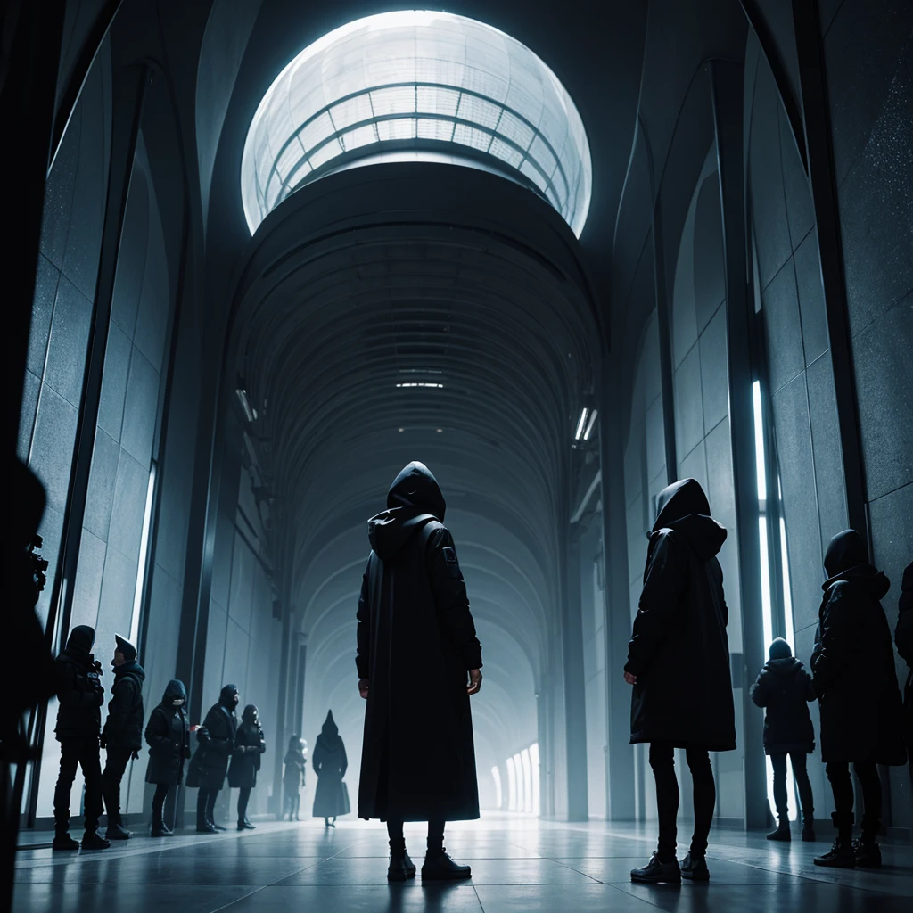 (Best Quality) Hooded people looking at the futuristic architecture of an alien civilization with dark color palette