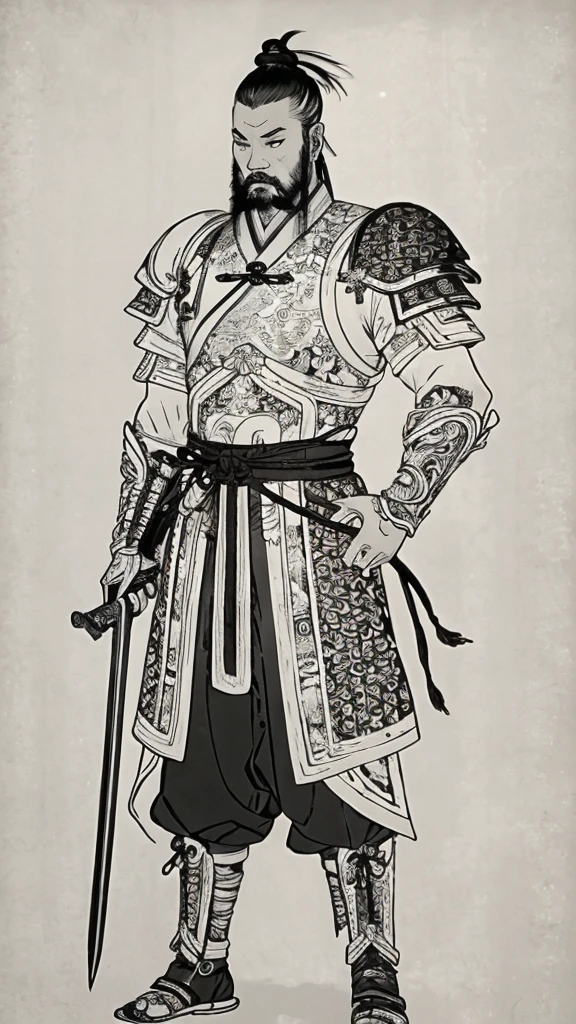 (((Monochrome)))、(((Ink Painting)))、(((A handsome man from ancient China with a topknot)))、(((Hands on hips)))、Line art、Oriental、Ultra-high resolution、Game Poster、Crisp and beautiful image quality、whole body ,(Ancient Chinese armor, Dragon head on shoulder, (Ancient Chinese armor with intricate pattern:1.2), gloves, Long trousers, (Very detailed, bloom:1.5), (Highest quality, Concept Art, 4K), (analog:1.2), (high sharpness), (Detailed pupil:1.1), Detailed face and eyes, masterpiece, Highest quality,8k,  (Black Hair, Dynamic Short Hair), (PurerosFace_v1:0.2), [:(Detailed face:1.2):0.2], sharp, Realistic Shadows, Holding a sword in his hand、