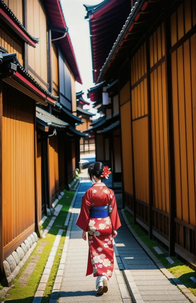 Cute Japanese woman　Wearing a red kimono　Walking the streets of Kyoto　high resolution
